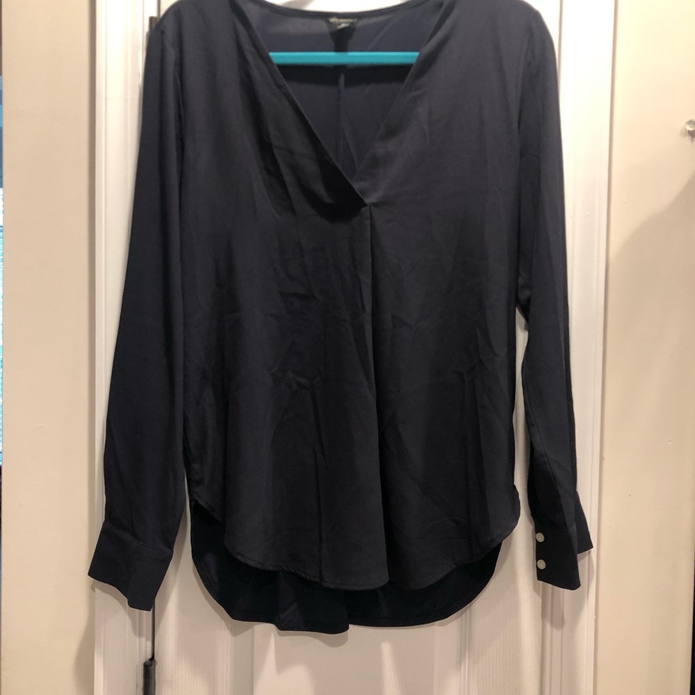 Ann Taylor Navy V-Neck Long Sleeve Blouse
